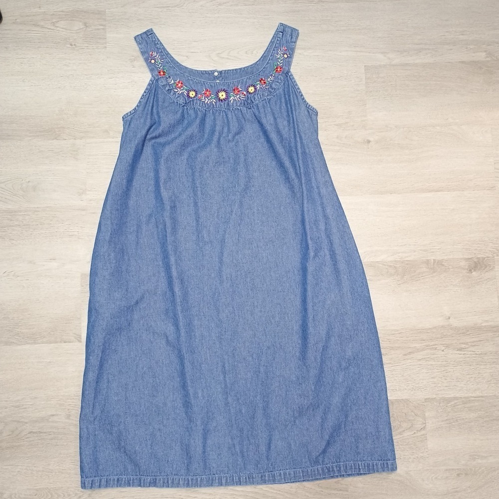 Only Necessities Denim Jumper Overall Modest Dress Embroidery Floral Medium